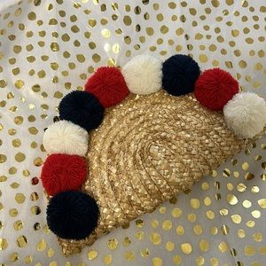 Straw clutch purse with pom pom red navy blue white. Shiraleah . New